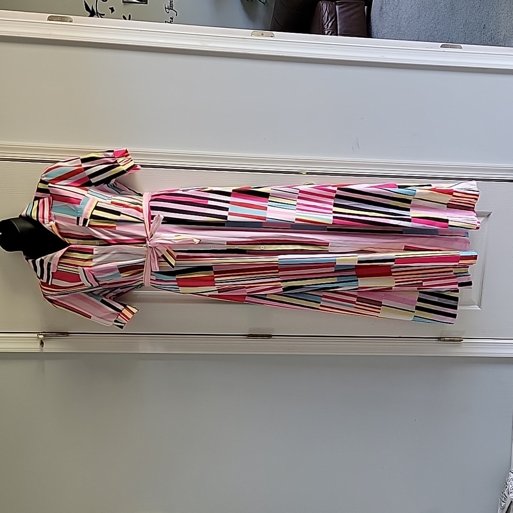 Multicolor Striped Button-Front Maxi Dress with Waist Tie